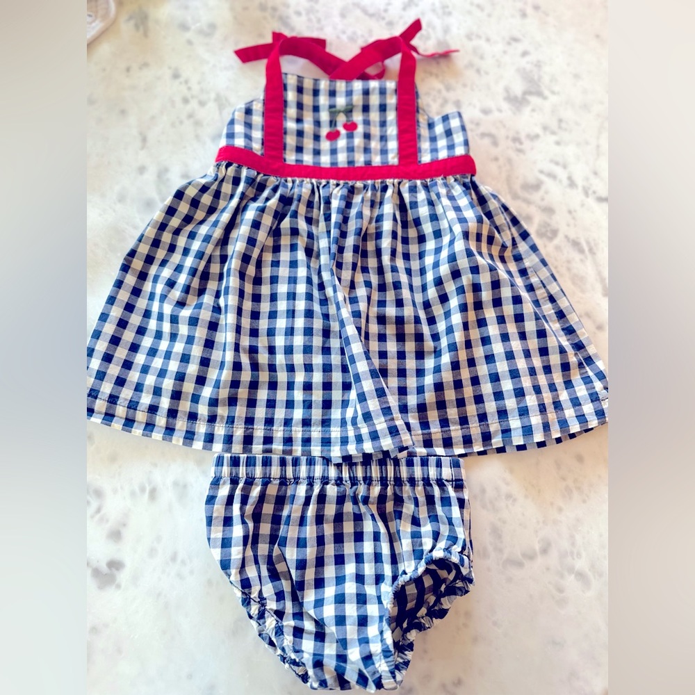 Hanna Anderson embroidered cherry dress navy gingham. Lined cotton with bloomers